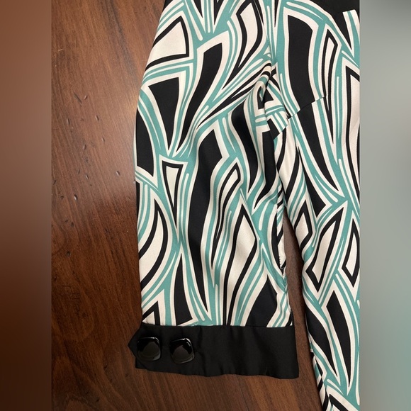 Tibi Shift Dress Size 10 Geometric Pattern Black White Teal 100% Silk Business - Picture 9 of 16